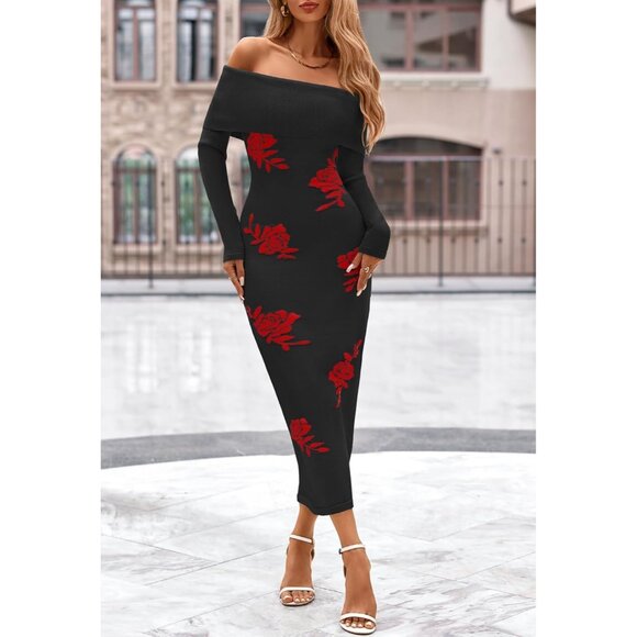 Merokeety Women's Blackrose Off Shoulder Long Sleeve Elegant Bodycon Midi Dress - Picture 7 of 9